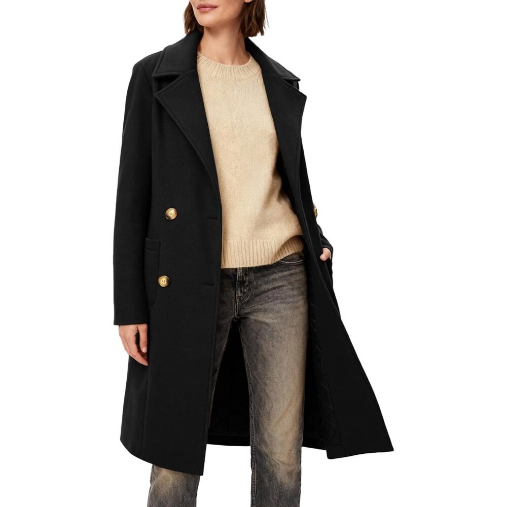 Women's Black Winter Double-breasted Long Overcoat Classic Casual Trench Coat - Picture 4 of 7